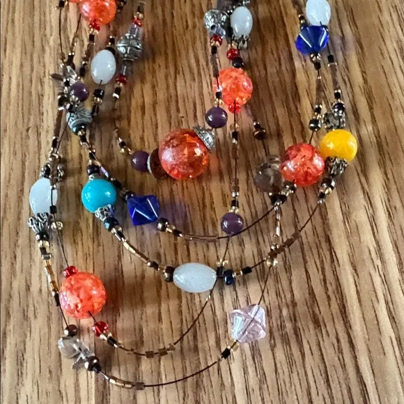 VINTAGE MULTICOLORED MULTIISTRAND GLASS AND CRYSTAL BEADED 17-18" NECKLACE - Picture 6 of 9
